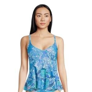 New Nicole Miller Studio Tiered Blue Ruffle Tankini Top Small